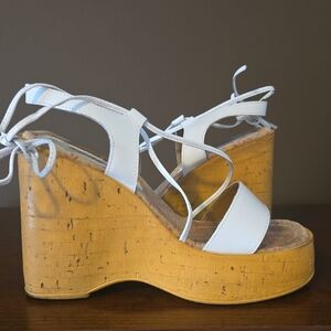 Bongo White Lace-Up Cork Platform Wedge Sandals Size 8.5